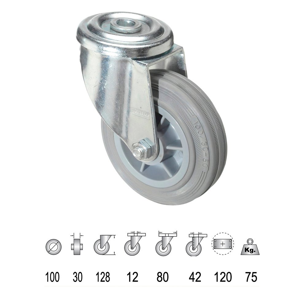 Rueda Industrial Goma Gris Pasante 100 mm.