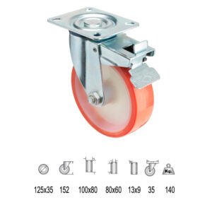 Rueda Industrial Poliuretano Placa con freno 125 mm.