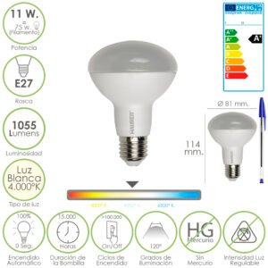 Bombilla Led Standar Rosca E27 (Gorda) 11 Watt. Equivale a 75 Watt. 1055 Lumenes. Luz Blanca (4.000Âº K) A+