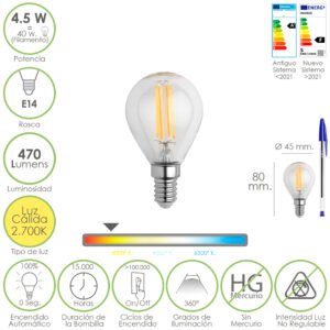 Bombilla Led Filamento Esfera Rosca E14. 4,5 Watt. Equivale A 40 Watt. 470 Lumenes. Luz CÃ¡lida (2700Âº K.)