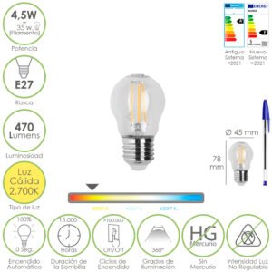 Bombilla Led Filamento Esfera Rosca E27. 4,5 Watt. Equivale A 35 Watt. 470 Lumenes. Luz Calida 2700Âº K.