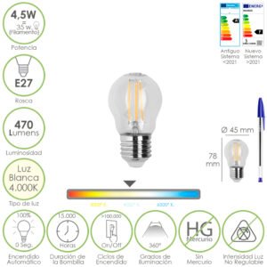 Bombilla Led Filamento Esfera Rosca E27. 4,5 Watt. Equivale A 35 Watt. 470 Lumenes. Luz Neutra 4000Âº K.