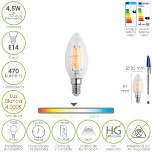 Bombilla Led Filamento Vela Rosca E14. 4,5 Watt. Equivale A 35 Watt. 470 Lumenes. Luz Neutra 4000Âº K.