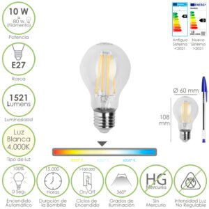 Bombilla Led Filamento Standar Rosca E27. 10 Watt. Equivale A 80 Watt. 1521 Lumenes. Luz Neutra 4000Âº K.