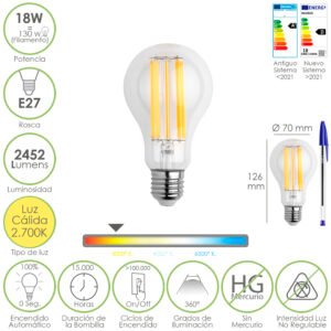 Bombilla Led Filamento Standar Rosca E27. 18 Watt. Equivale A 130 Watt. 2462 Lumenes. Luz Calida 2.700 Âº K.