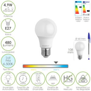 Bombilla Led Estandar Rosca E27. 4.9 Watt. Equivale A 40 Watt. 480 Lumenes. Luz Fria (6500Âº K.)