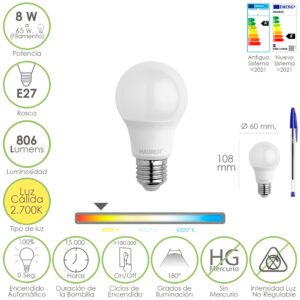 Bombilla Led Estandar Rosca E27. 8 Watt. Equivale A 65 Watt. 806 Lumenes. Luz Calida (2700Âº K.)