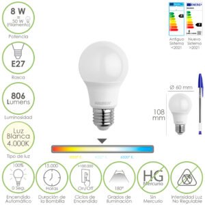 Bombilla Led Estandar Rosca E27. 8 Watt. Equivale A 65 Watt. 806 Lumenes. Luz Neutra (4000Âº K.)