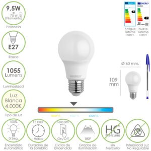 Bombilla Led Estandar Rosca E27. 9.5 Watt. Equivale A 75 Watt. 1055 Lumenes. Luz Neutra (4000Âº K.)