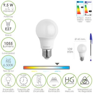 Bombilla Led Estandar Rosca E27. 9.5 Watt. Equivale A 75 Watt. 1055 Lumenes. Luz FrÃ­a (6500Âº K.)