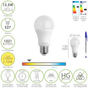 Bombilla Led Estandar Rosca E27. 13,5 Watt. Equivale A 100 Watt. 1521 Lumenes. Luz Calida (3000Âº K.)