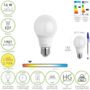Bombilla Led Estandar Rosca E27. 16 Watt. Equivale A 130 Watt. 1901 Lumenes. Luz Calida 2.700Âº K.