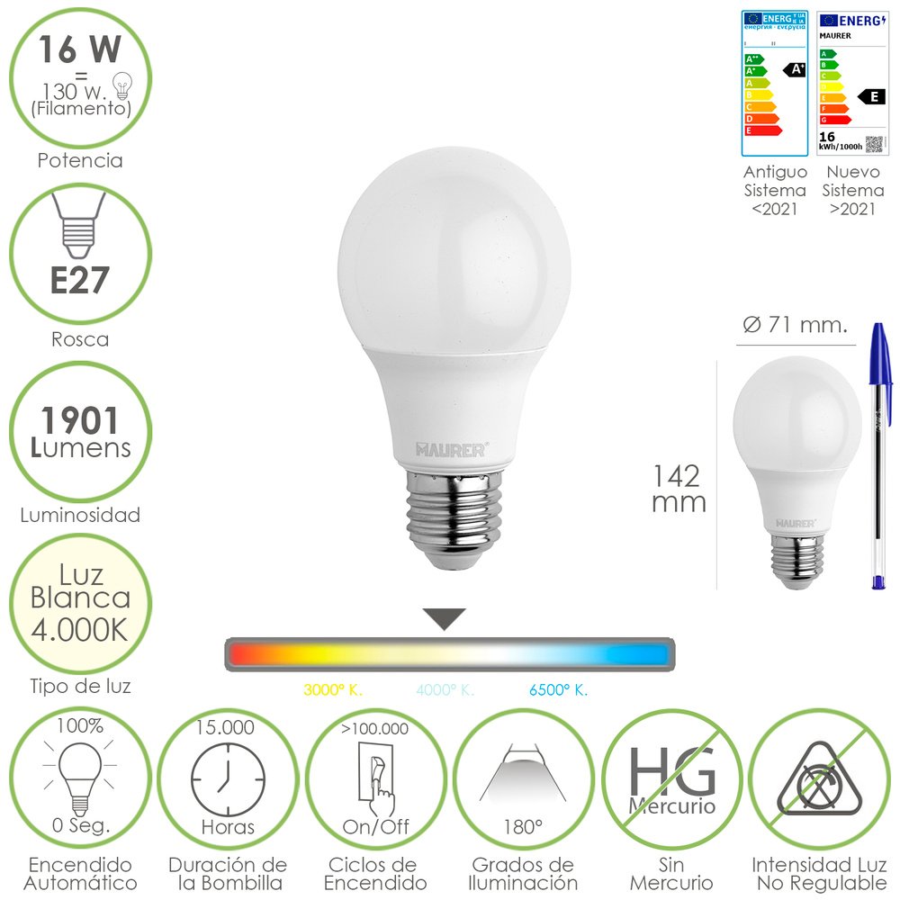 Bombilla Led Estandar Rosca E27. 16 Watt. Equivale A 130 Watt. 1901 Lumenes. Luz Blanca 4000º K.)