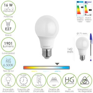 Bombilla Led Estandar Rosca E27. 16 Watt. Equivale A 130 Watt. 1901 Lumenes. Luz FrÃ­a 6500Âº K.)