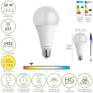 Bombilla Led Estandar Rosca E27. 20 Watt. Equivale A 150 Watt. 2452 Lumenes. Luz Calida (3000Âº K.)