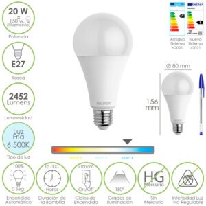 Bombilla Led Estandar Rosca E27. 20 Watt. Equivale A 150 Watt. 2452 Lumenes. Luz Fria (6500Âº K.)