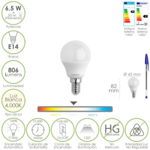 Bombilla Led Esfera Rosca E14. 6.5 Watt. Equivale A 50 Watt. 806 Lumenes. Luz Neutra 4000º K.