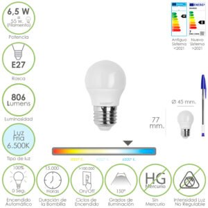 Bombilla Led Esfera Rosca E27. 6.5 Watt. Equivale A 55 Watt. 806 Lumenes. Luz FrÃa 6500º K.