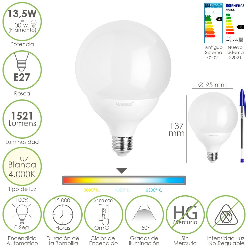 Bombilla Led Esfera Globo E27. 13,5 Watt. Equivale A 100 Watt. 1521 Lumenes. Luz Neutra 4000º K.