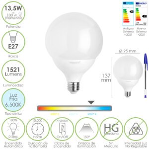 Bombilla Led Esfera Globo E27. 13,5 Watt. Equivale A 100 Watt. 1521 Lumenes. Luz Fria 6500º K.