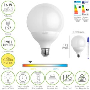 Bombilla Led Globo Rosca E27. 16 Watt. Equivale A 130 Watt. 1901 Lumenes. Luz CÃ¡lida (2700Âº K.)