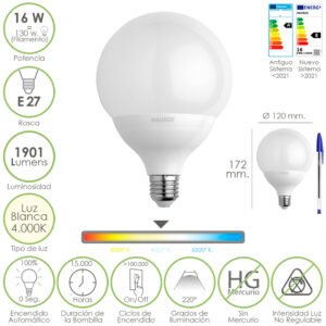Bombilla Led Globo Rosca E27. 16 Watt. Equivale A 130 Watt. 1901 Lumenes. Luz Blanca (4000Âº K.)