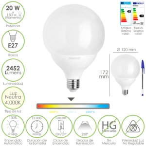 Bombilla Led Globo E27. 20 Watt. Equivale A 150 Watt. 2452 Lumenes. Luz Neutra 4000Âº K.
