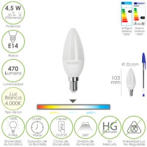 Bombilla Led Vela Rosca E14. 4,5 Watt. Equivale A 35 Watt. 470 Lumenes. Luz Neutra (4000Âº K.)