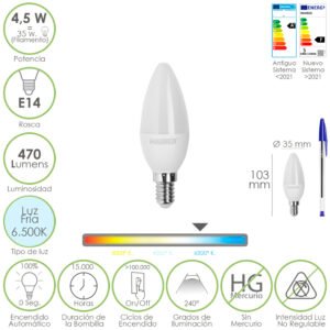 Bombilla Led Vela Rosca E14. 4,5 Watt. Equivale A 35 Watt. 470 Lumenes. Luz Fira (6500Âº K.)
