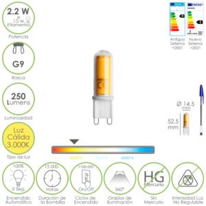 Bombilla Led Rosca G9. 2.2 Watt. Equivale A 15 Watt. 250 Lumenes. Luz Calida (3000Âº K.)