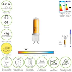 Bombilla Led Rosca G9. 4.2 Watt. Equivale A 15 Watt. 470 Lumenes. Luz Calida (3000Âº K.)