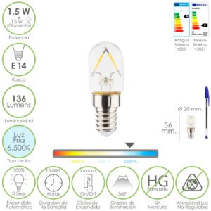 Bombilla Led Frigorifico Rosca E14. 1.5 Watt. Equivale A 15 Watt. 136 Lumenes. Luz Fria (6500Âº K.)
