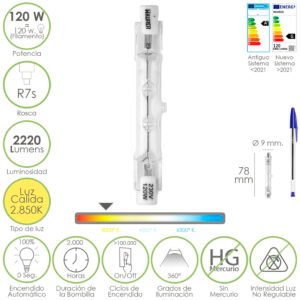 Bombilla Halogena Para Focos Rosca R7S. 120 Watt. 2220 Lumenes. Luz Cálida (2850º K)