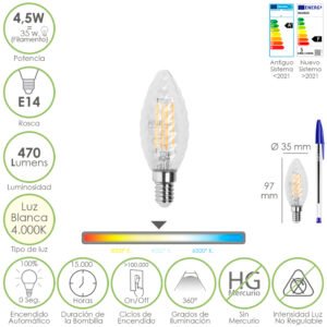 Bombilla Led Filamento Vela Twist. E14. 4,5 Watt. Equivale A 35 Watt. 470 Lumenes. Luz Neutra 4000Âº K.