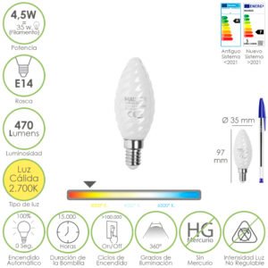 Bombilla Led Filamento Vela Esmerilada E14. 4,5 Watt. Equivale A 35 Watt. 470 Lumenes. Luz Calida 2700Âº K.