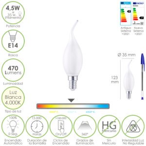 Bombilla Led Filamento Vela Llama Esmerilada E14. 4,5 Watt. Equivale A 35 Watt. 470 Lumenes. Luz Neutra 4000Âº K.