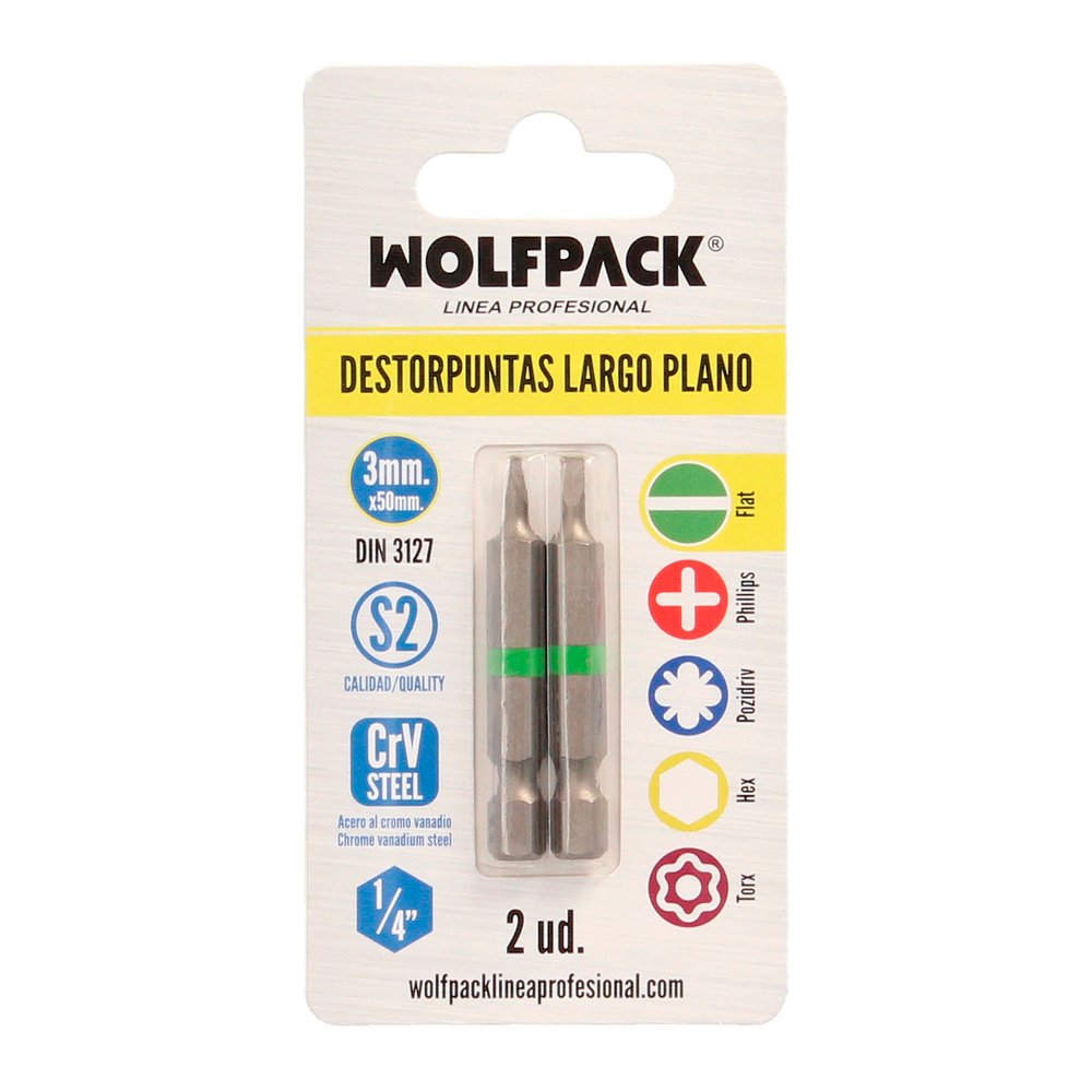 Puntas Destornillador Largo Plano 3 mm. (2 Piezas). Acero S2 al Cromo Vanadio. Puntas Hexagonales, Destorpuntas, - Imagen 3