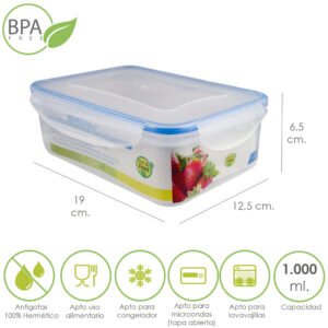 Recipiente Hermetico Plastico Rectangular 1.000 ml. 19x12.5x6.5 (Alt.) cm.