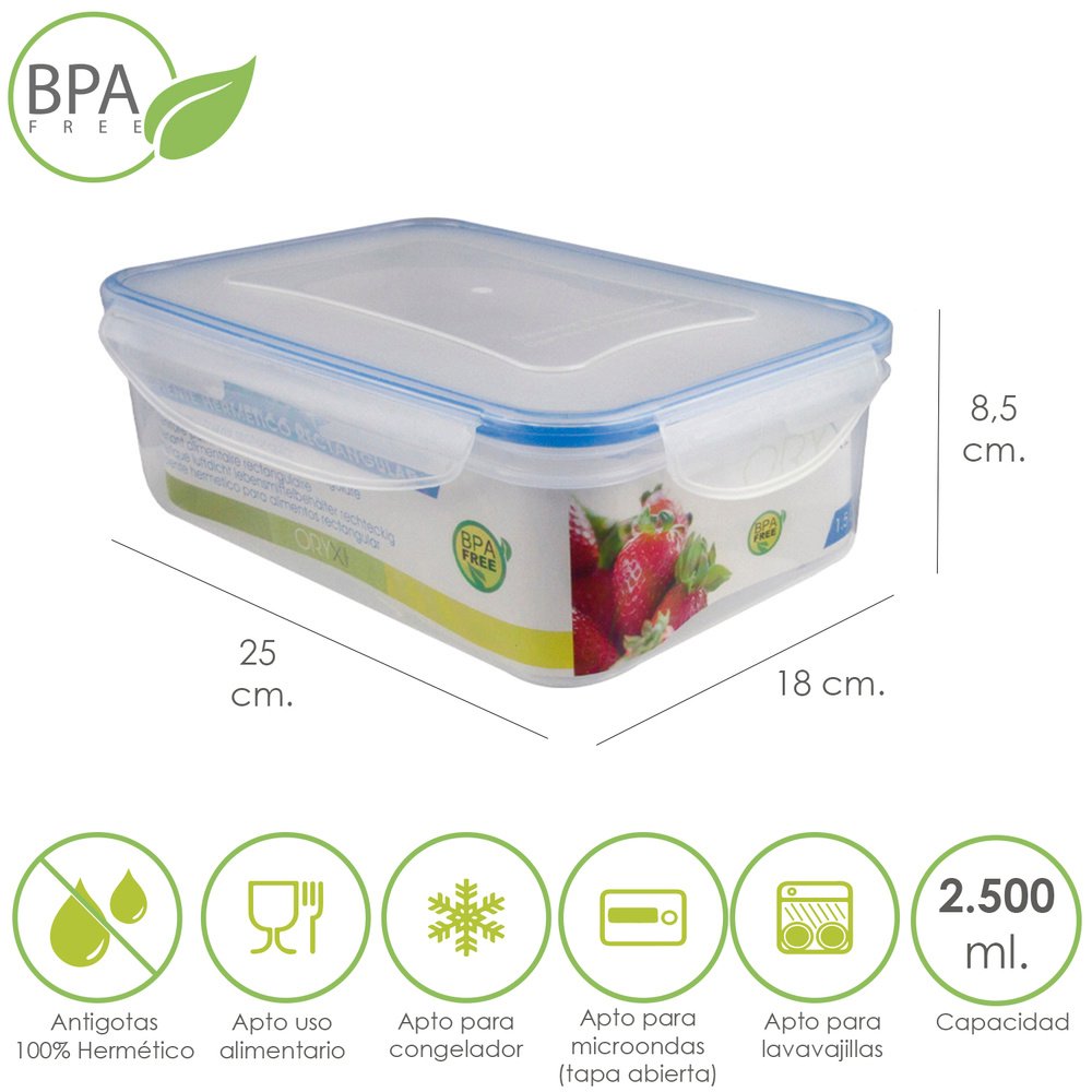 Recipiente Hermetico Plastico Rectangular 2.500 ml. 25x18x8.5 (Alt.) cm.