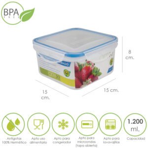 Recipiente Hermetico Plastico Cuadrado 1200 ml. 15x15x8 (Alt.) cm.