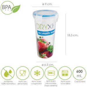 Vaso Recipiente Hermetico Medidor Plastico Redondo 600 ml. Ã˜ 9x18.5 (Alt.) cm.