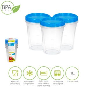 Juego Recipientes Plastico Redondos 1 Litro (Pack 3 piezas)