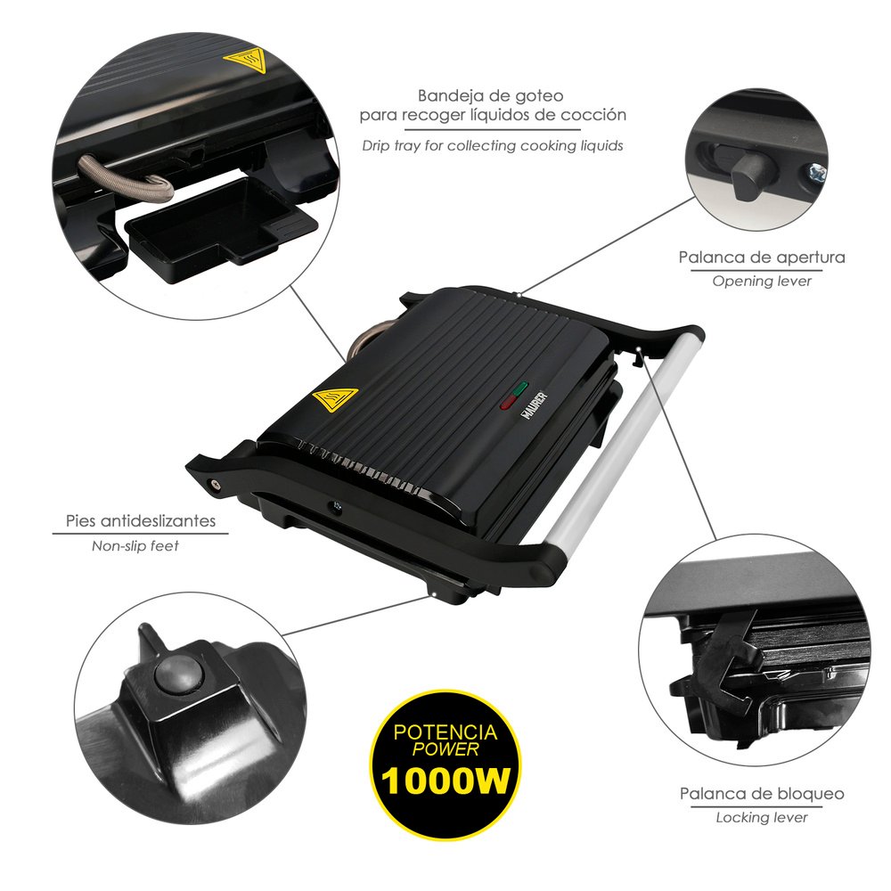 Sandwichera Grill Doble 1000w Parilla Eléctrica, Panini Press Grill, 1000w, Placa Antiadherente, Apertura 180º - Imagen 4
