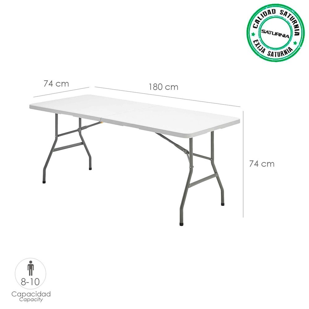 Mesa Plegable Rectangular HDPE Multifuncional, Portatil, Resistente,Multiusos 180x74x74 cm. Color Blanco - Imagen 2
