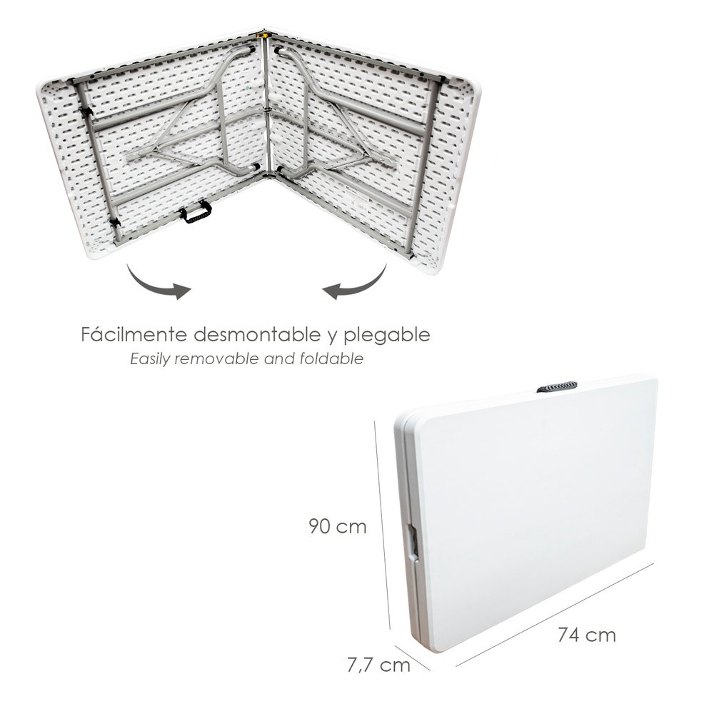 Mesa Plegable Rectangular HDPE Multifuncional, Portatil, Resistente,Multiusos 180x74x74 cm. Color Blanco - Imagen 4