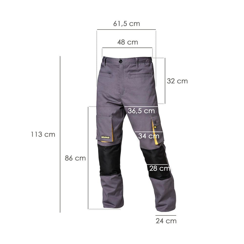 Pantalones Largos DeTrabajo, Multibolsillos, Resistentes, Rodilla Reforzada, Gris/Amarillo Talla 54/56 XXL (Slim Fit) - Imagen 2