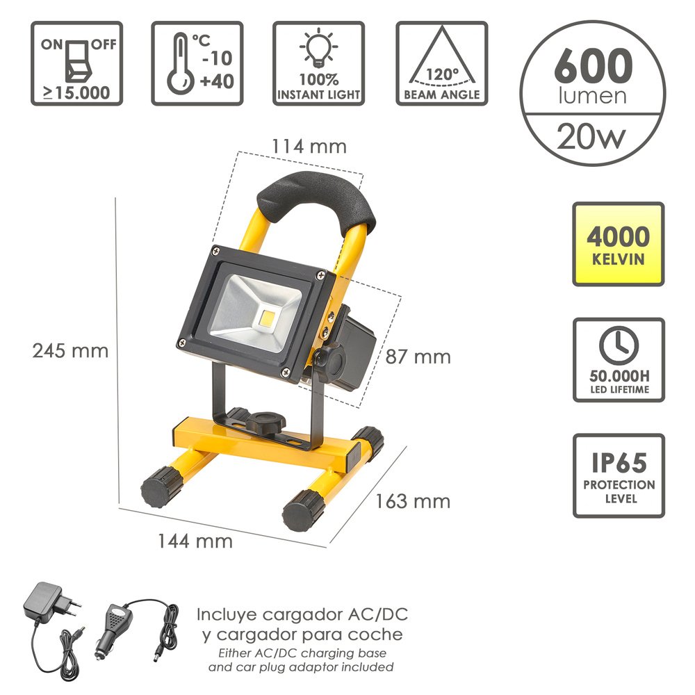 Foco Led 20 Watt. Luz Blanca 4000º K IP 65 600 Lumenes Con Asa de Transporte, Proyector Led Con Asa, Foco Led Trabajo - Imagen 2